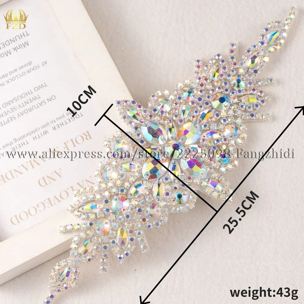 FZD 1 PC AB Sliver Crystal Rhinestone Applique Welding Flower Patch Sew on Wedding Dress Sleeves Accessories Rhinestone Applique