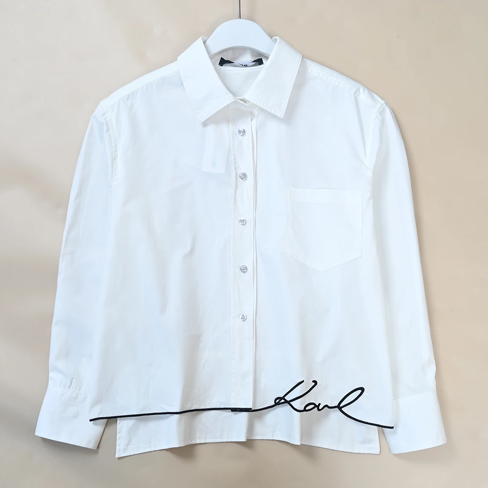 

New Style Women's Cotton Long Sleeve White Shirt Embroidered Letter Patch Casual Loose Fit Breathable Comfortable Ladies Shirt
