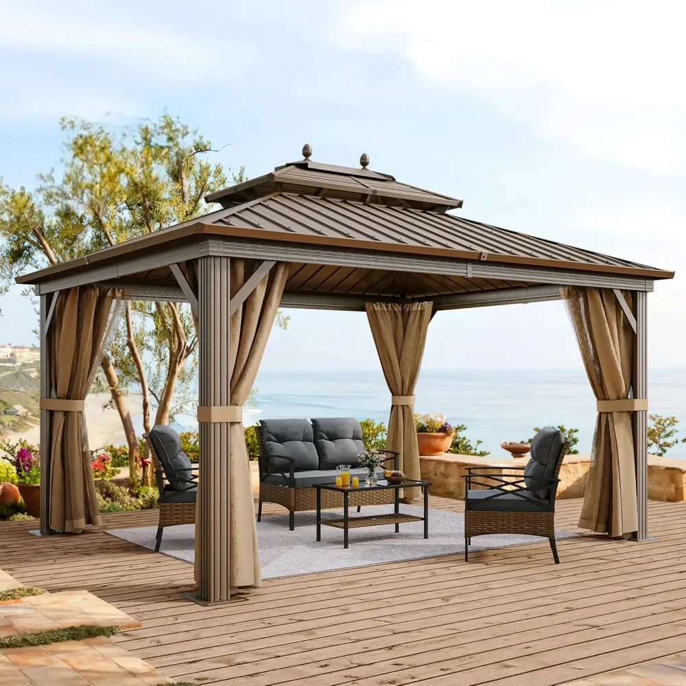 

10x12ft Gazebo Hardtop with Nettings and Curtains, Heavy Duty Double Roof Galvanized Steel Outdoor Combined of Horizontal