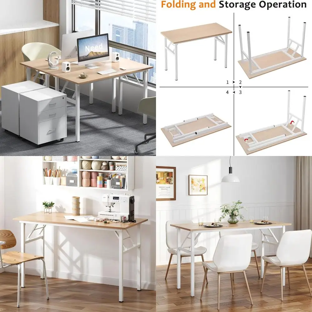 39.375 Length Folding Oak Computer Desk, Easy Assembly, Pink, White Desktop (10060)