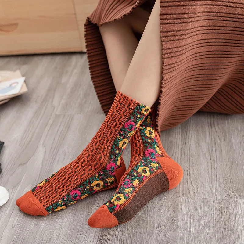 5 Pairs Women Socks Set New Retro Country Style Green Autumn Floret Soft Skin-friendly Breathable Korean Fashion Socks