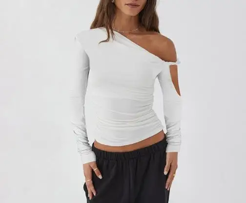 

Women's Autumn New Solid Color Single Shoulder Slant Collar Fold Asymmetric Sexy Long Sleeve Top for Women