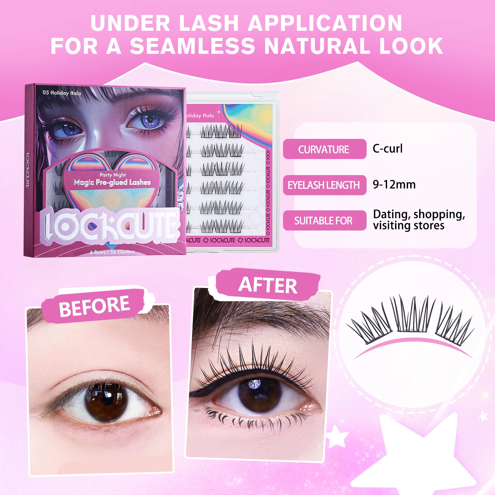 6 rijen/36 cluster voorgelijmde wimpers met pincet 24 uur vasthouden de hele dag comfort 9-12 mm wimperverlengingsset, feest dagelijks cosplay datum