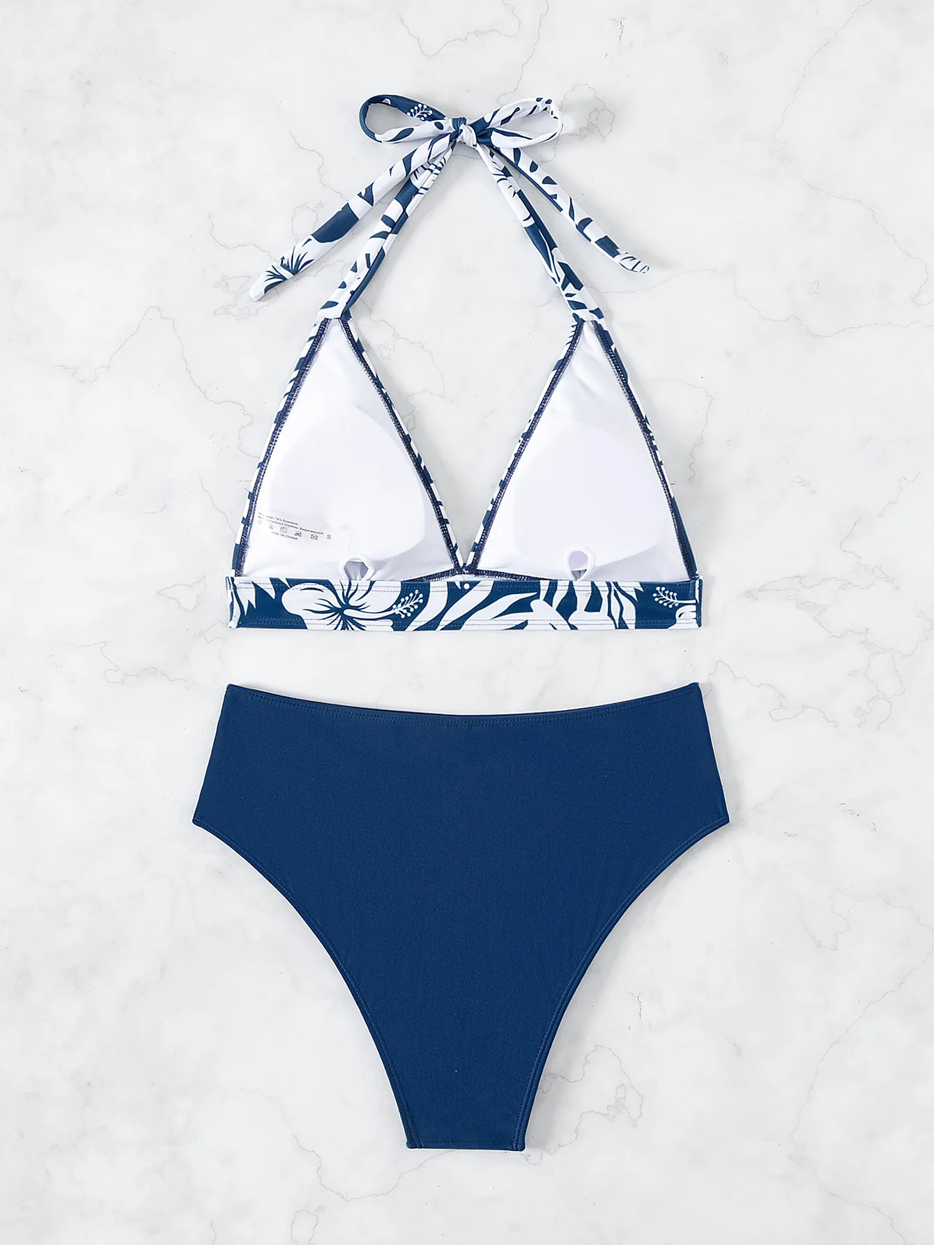 2025 Women's Halter Bikini Set Sexy Printed Triangle Top & Solid Bottom Swimwear Summer Halter Floral Bikini Solid Panties 2pcs