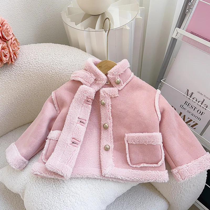 2024 Winter New Girls Jacket Solid Color Lamb Wool Lining Thick Keep Warm Lapel Fashion Coats For 2-8 Years Kids Plush Snowsuit