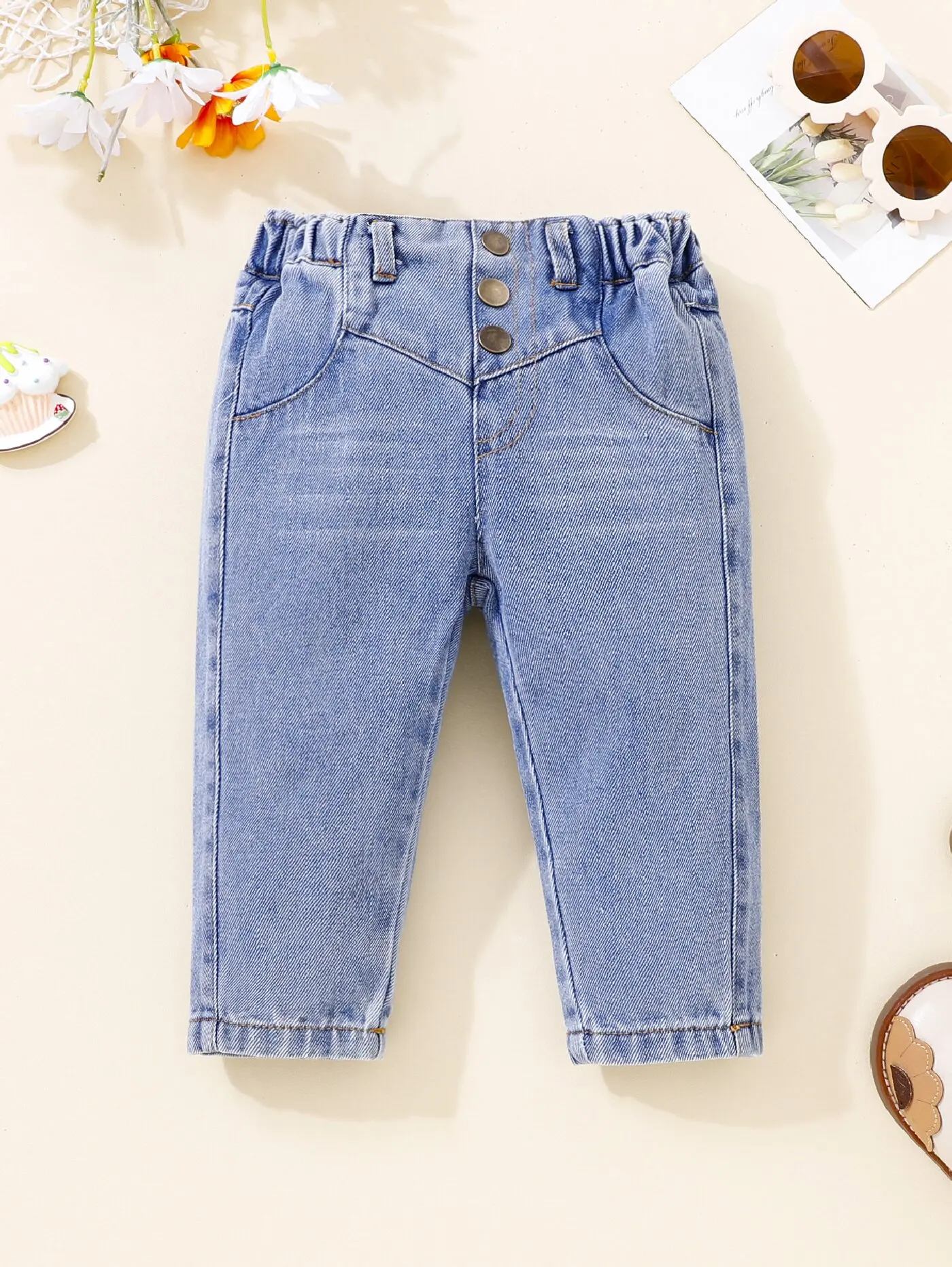 Denim pants for girls baby four seasons embellished copper buckle spray cat beard half round elastic waist back pocket denimblue