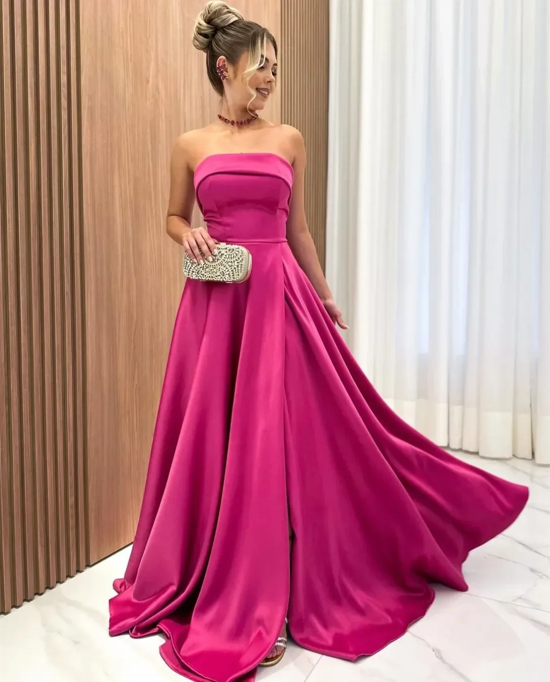 Customized Elegant Long Fuchsia Prom Dresses A-Line Strapless Floor Length Sweep Train Evening Party Dresses for Women