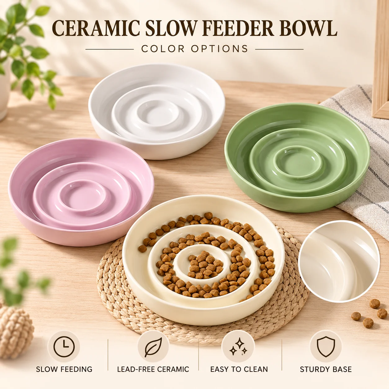 Slow Cooker Ceramic - ชามอาหารเซรามิกคุณภาพสูงสำหรับแมว ป้องกันการกินเร็วสำหรับสุนัขตัวเล็ก - ทนทาน ปราศจากสารตะกั่ว ทำความสะอาดง่าย