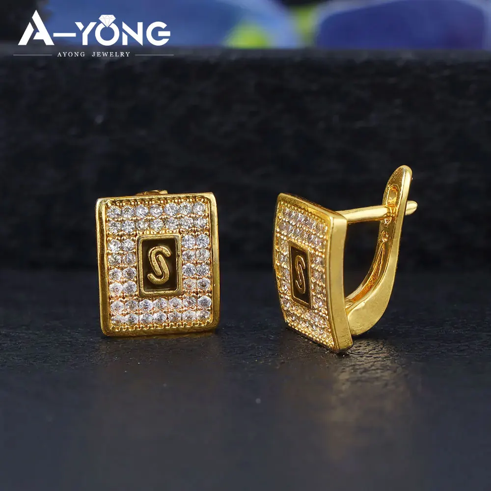 Dubai Fashion Drop Earrings 21k Gold Plated Italian Geometric Zirconia Stud Earring Arabic Muslim Women Party Statement Jewelry