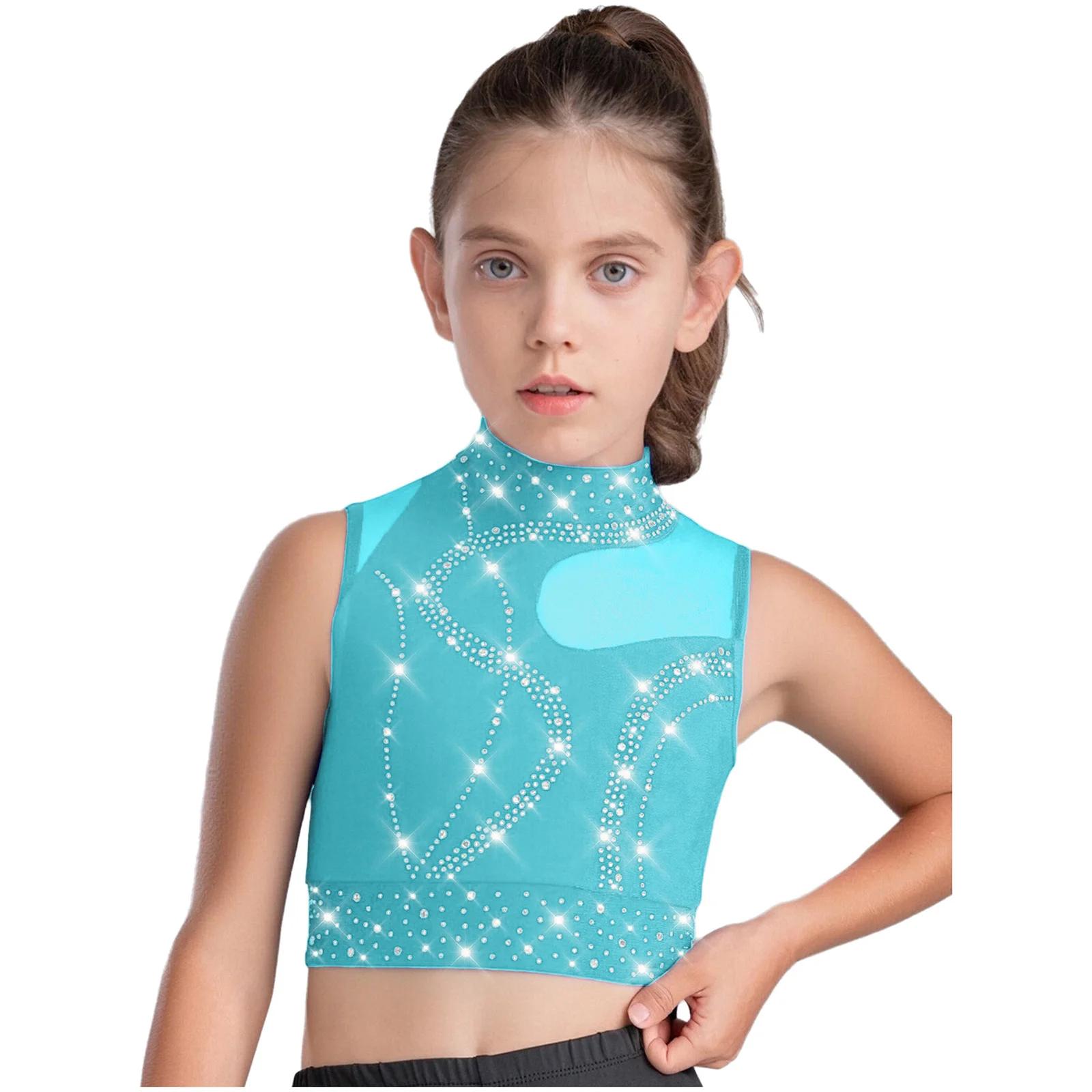 

Kids Girls Gymnastics Dance Crop Tops Mock Neck Sleeveless Keyhole Back Sheer Mesh Patchwork Top for Ballet Lyrical Dance Shows