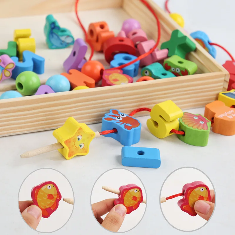 9/36pcs Wooden Toys Baby DIY Toy Cartoon Fruit Animal Stringing Threading Wooden beads Toy Monterssori Educational for Kids