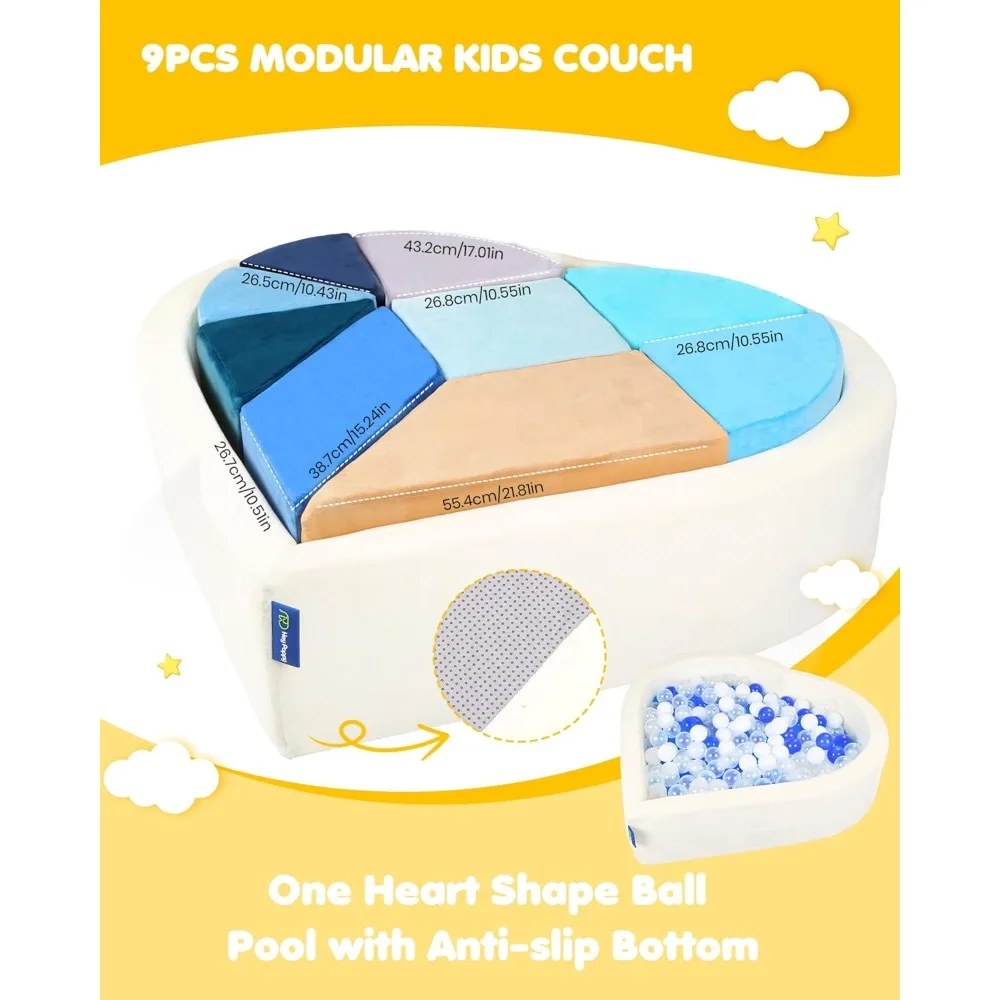 أريكة لعب الأطفال على شكل قلب قابلة للتحويل مع لغز تانجرام متكامل وميزة حفرة الكرة (الكرة غير متضمنة)