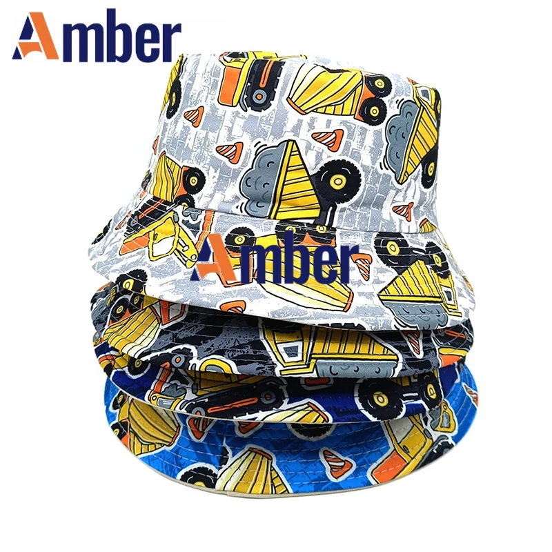 

Amber Children Cartoon Bucket Hat Boy Kids Fisherman Hats Print Panama Cap Car Toy Pattern Double Sides Summer Ourdoor Sunscreen