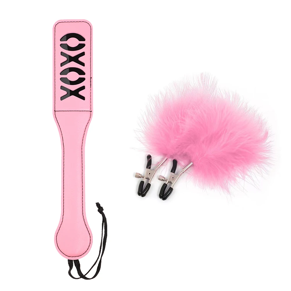 مجموعة عبودية 2 قطعة BDSM مجموعة الردف مجداف ريشة الحلمة المشابك الأسود والأحمر والوردي الألوان XOXO المجاذيف للعب الجنس الكبار
