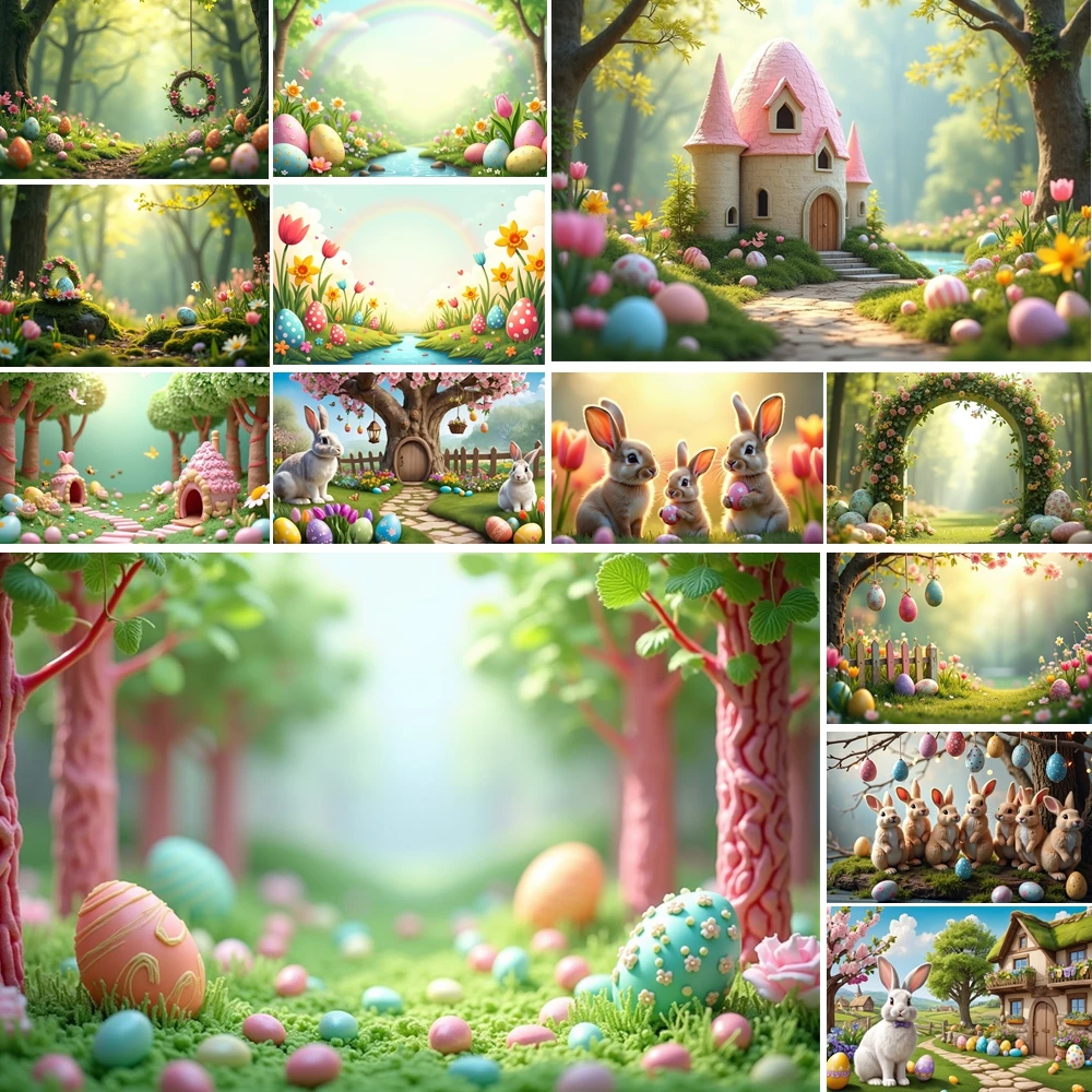 

MOON.QG Enchanted Easter Forest Backgrounds For Photographs Bunny Hanging Eggs Sunbeam Lighting Backdrop Kids Photozone Studio