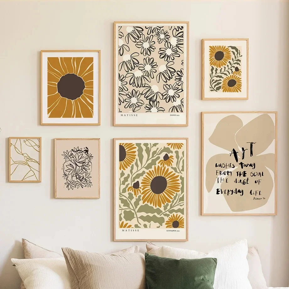 Boho Abstract Matisse Sunflower Wall Art Poster, Minimalist Shapes, Pictures for Living Room Decor, Nordic Canvas Painting