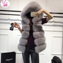 Gilet di pelliccia di volpe cappuccio 6 colori di alta qualità morbido spesso caldo gilet con cappuccio femminile nero finta pelliccia di volpe visone senza maniche cappotto con cappuccio donna