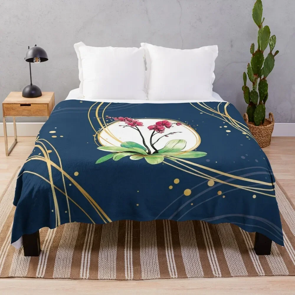 

Orchid surrounded by golden hoops on a blue background Throw Blanket Sofa Hairys Cute Decorative Beds Blankets