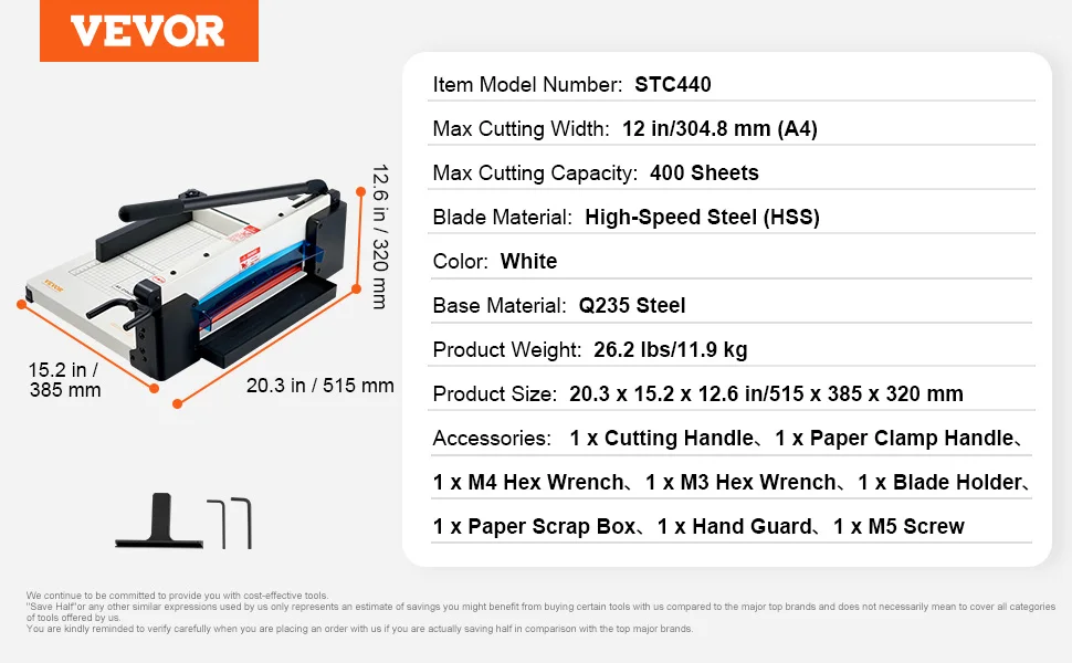 VEVOR 12 "/17'' industriële commerciële papiersnijder 400 vel capaciteit massief stalen constructiestapel voor kantoor thuis schoolwinkel