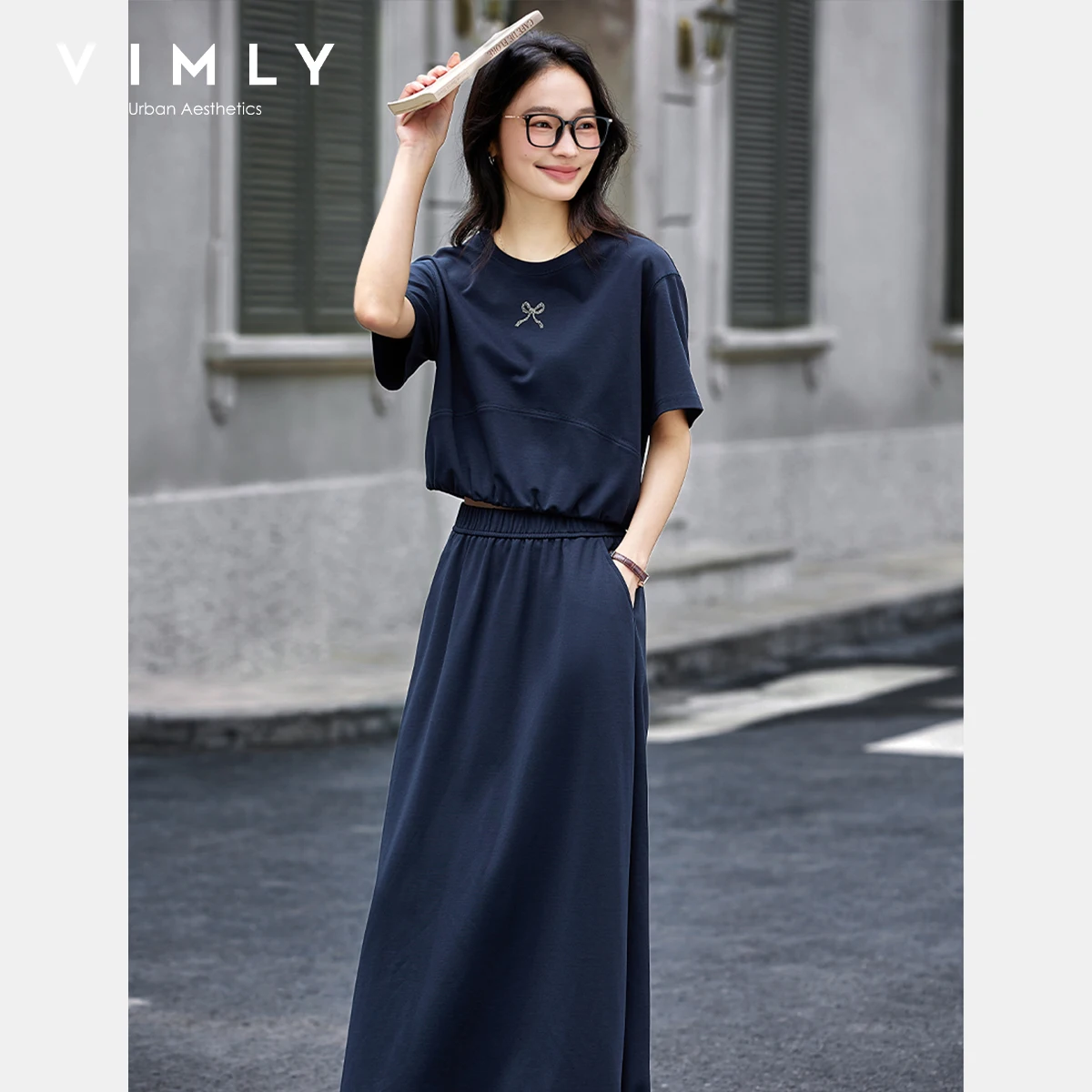 

VIMLY Navy Blue Summer Women's 2025 Casual Set Knitted Bowknot Hot Diamond O-neck Thin Top Flower Bud Skirt Woman Suit A1835