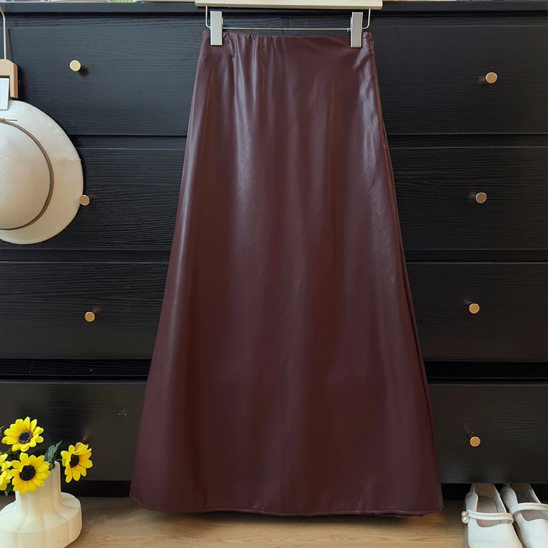 

Fashion Faux Leather Women A-Line Skirts 2025 Autumn Trend High Waist One Step Wrap Hip Long Skirt Off Lady Slim Skirts