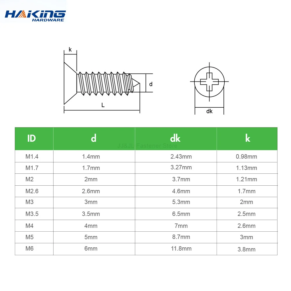 Stainless Steel Countersunk Flat Head Phillips Screws M1.4 M1.7 M2 M2.6 M3 M3.5 M4 M5 M6 Cross Self Tapping Screw for Wood Wall