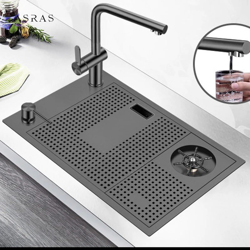 ASRAS Hidden Cup Rinser Kitchen Island Sinks SUS 304 Stainless Steel Nanometer 4mm Thickness Handmade Bar Counter Hidden Sinks