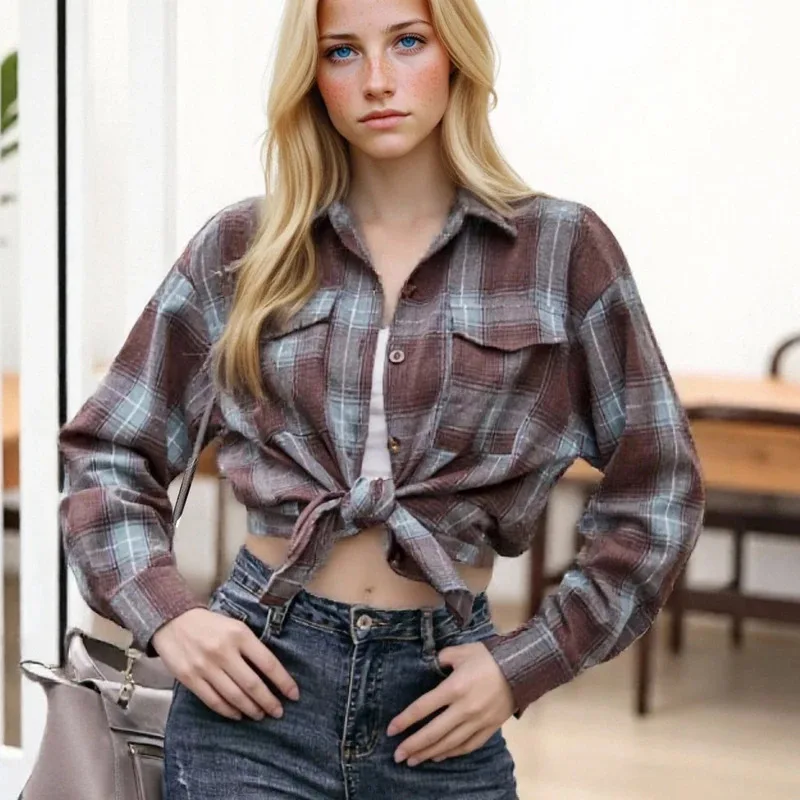 

COSda@Women Plaid Shirt Korean Style Loose Casual Fashion Retro Oversized Pocket Long Sleeve Jackets Fitted Collared Button Up B