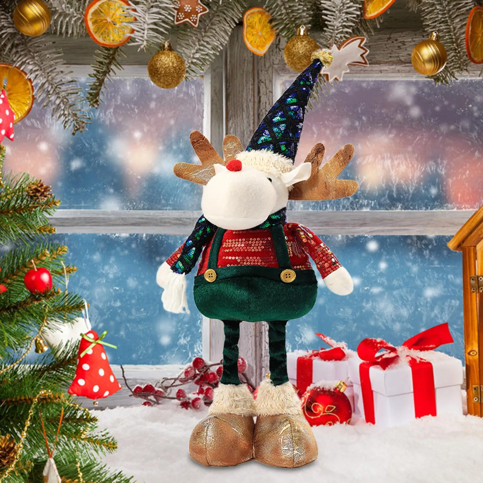 Christmas Elk Ornament Height Adjustable Legs Decorative Art Display Reindeer Figure Doll for Gift Fireplace Home Holidays Store