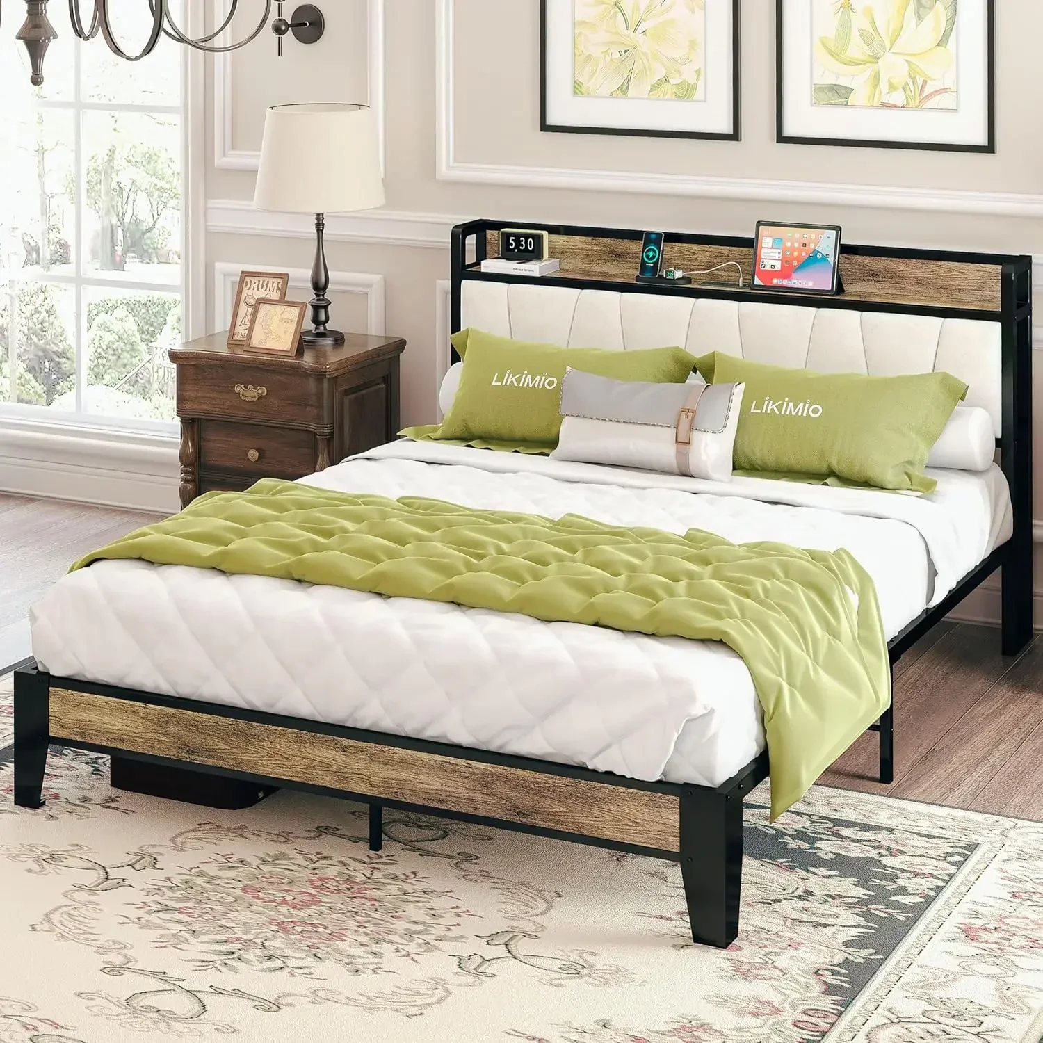 Full Size Bed Frame, Storage Headboard with Charging Station, Solid and Stable, Noise Free, No Box Spring Needed, Easy Assembly