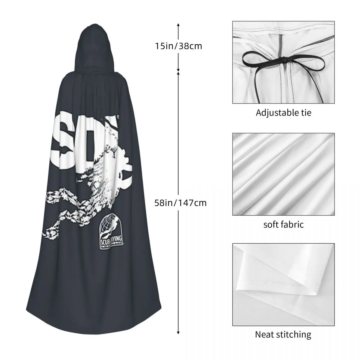 Scuba Diving International (SDI)- Scuba Fish Diver Long Hooded Cloak Witch Medieval Costume Cosplay Cape HalloweenVampire - view 4