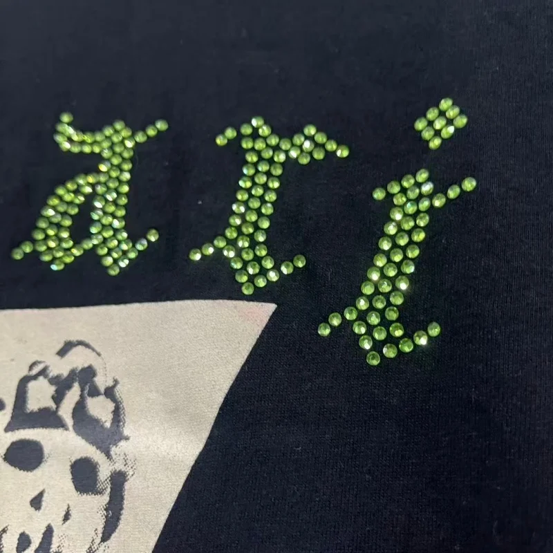 Paly Rhinestone Mask Print T-Shirt Unisex Streetwear Oversized Casual Hip Hop Short Sleeve