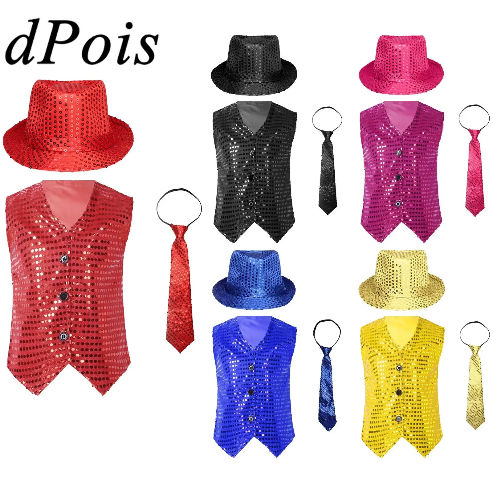 

Жилет без рукавов с блестками для мальчиков и девочек, комплект одежды для выступлений с шапочкой и галстуком, костюм для джазовых танцев для подростков, Одежда для танцев