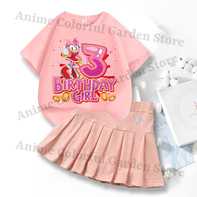 2pcs Sonics Love Dress T-shirt Suit for Girls Cartoon Number Printed Skirt Short Sleeved Top Set Kids Summer Sweet Skirts Suits view 4