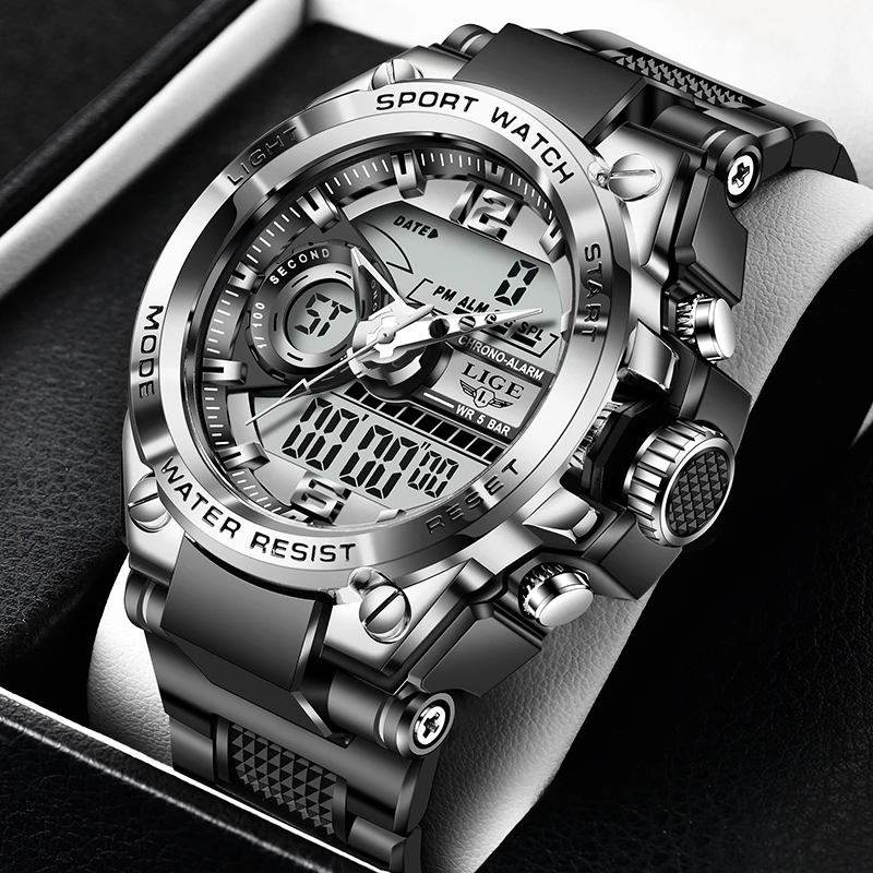 LIGE Men Dive Sports Digital watch Mens Watches Military Army Luxury Steel Business Chronograph Silicone Strap 50ATM Waterproof
