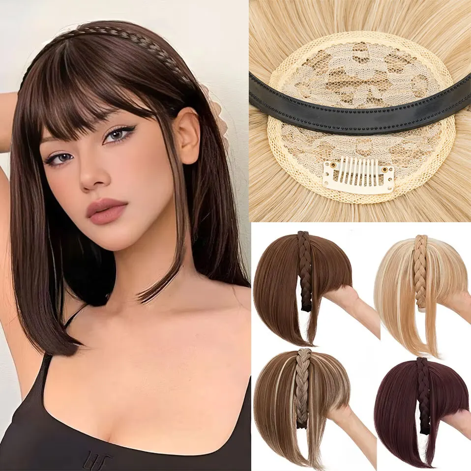 Snoilite 11'' Braided Headband with Clip-In Hair Topper With Bangs Natural Look Synthetic Straight Hair Extensions for Women 92g