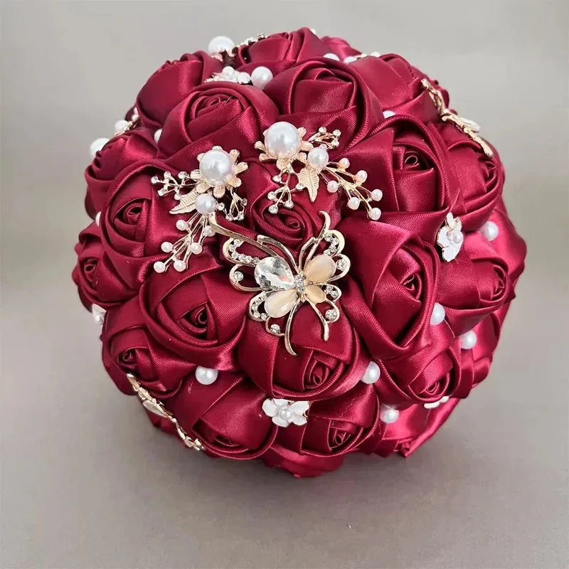 باقات زفاف أنيقة من اللؤلؤ الساتان، باقات يد زفاف باللون الأحمر الخمري، لأعياد الميلاد وعيد الحب والمناسبات الأخرى