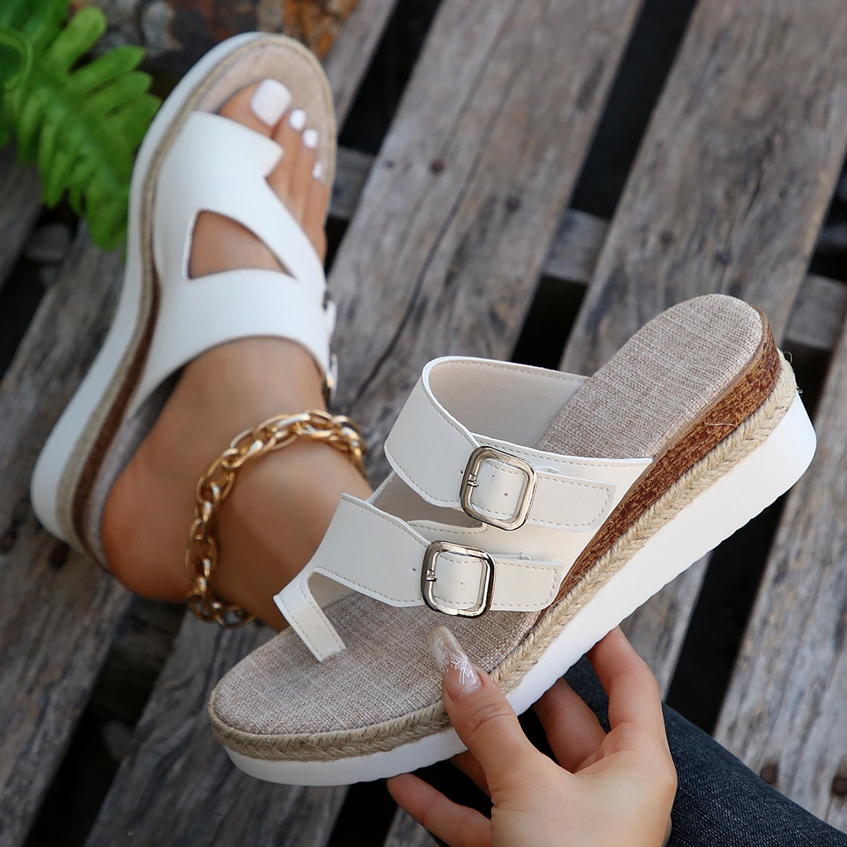 Slippers Women\'s Shoes Sandals Summer 2024 New in Platform Wedges Espadrilles Elegant Medium Heel Slides Casual White Heels Home