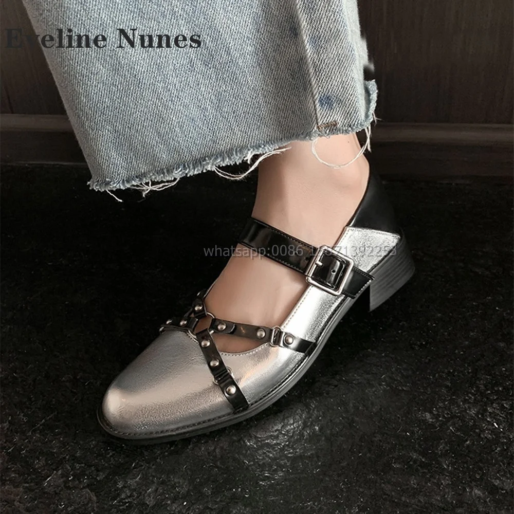 Rivet Cross Tied Shallow Pumps Sweet Cool Style Shoes 2024 Pointed Toe Square Heel Buckle Strap Hollow Out Black Leather Shoes