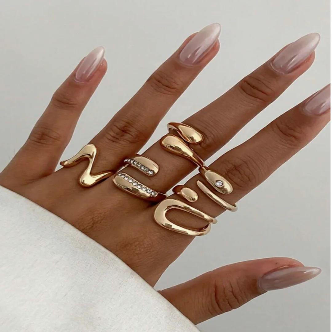 5-piece Retro Geometric Hollow Liquid Asymmetric Abstract Design Adjustable Gold Ring Jewelry Set, Suitable for Women's Daily We
