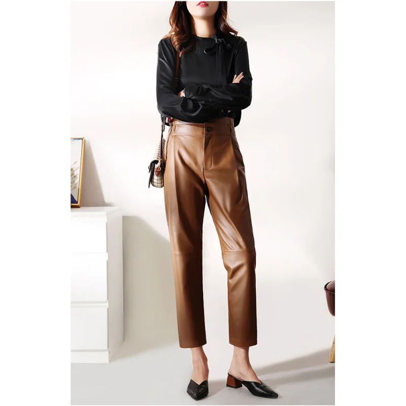 Women's Leather Pants, Female Elastic High Waist Genuine Pants, Loose Harem Trousers, Casual Fashion, Large Size, Autumn, Winter