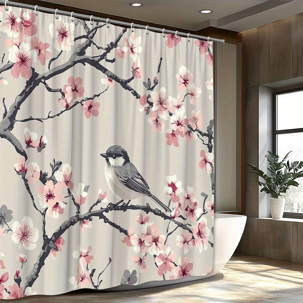 

1 экзотическая занавеска для душа Titmouse Cherry Blossom — мягкие розовые цветы и нежный бежевый фон создают порядок весенней сцены