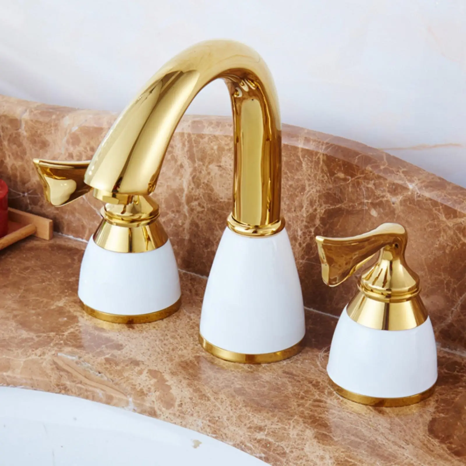 Widespread Bathroom Faucet Antique Style Two Handle Basin Tap Copper Body Ceramic Details for Traditional Washroom