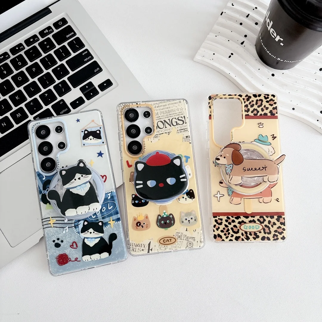 

INS Cute Cartoon Funny Cats Dogs MagSafe Holder Phone Case for Samsung Galaxy S26 S25 S24 S23 Ultra Plus Wireless Charge Cover
