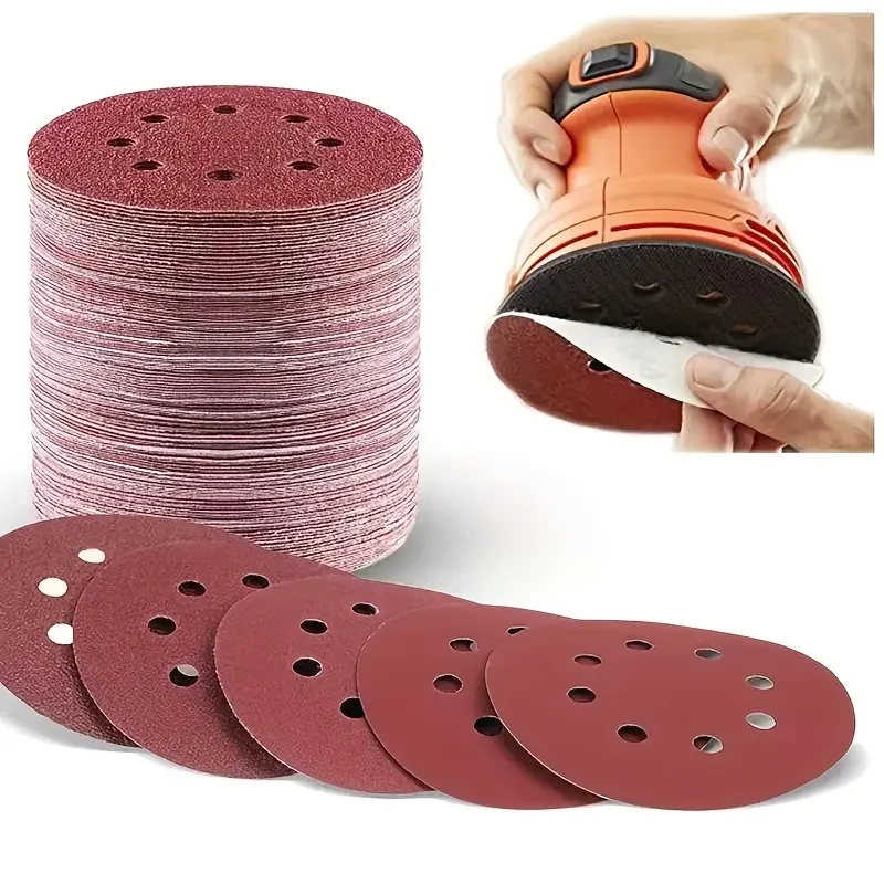 5 นิ้ว 80 กรวดอลูมิเนียมออกไซด์แผ่นขัด,8 หลุม Hook & LOOP สําหรับ Air เครื่องบด, กระดาษทรายกํามะหยี่สีแดงสําหรับขัดโลหะ/ไม้