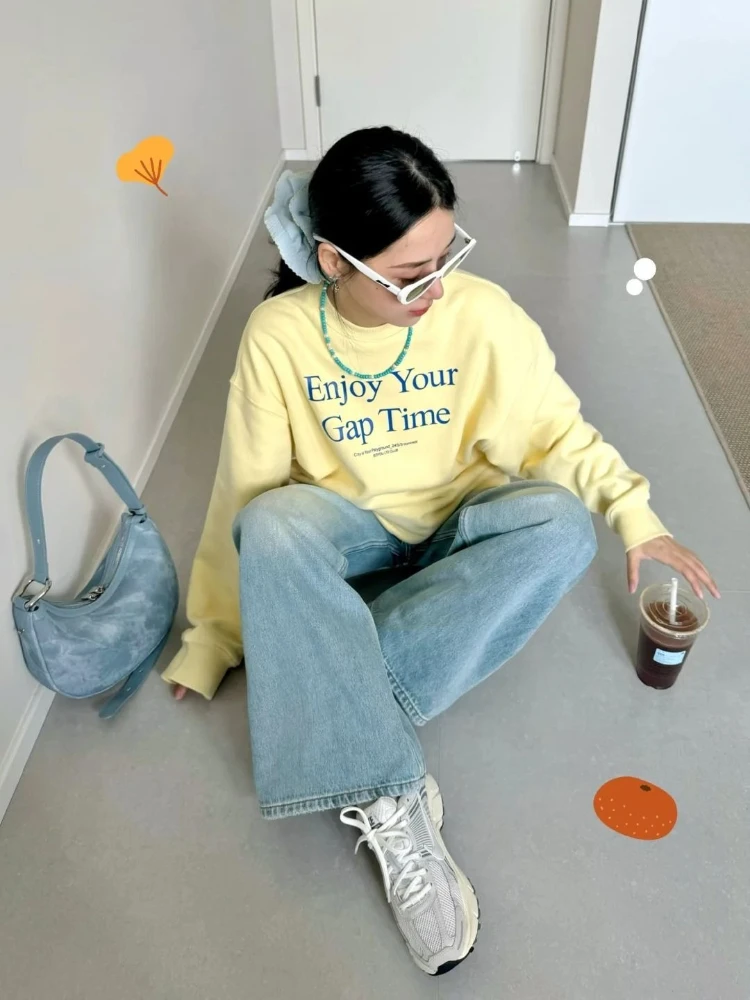 Deeptown Korean Style Letter Sweatshirt Women Sweet Vintage Butter Yellow Hoodies Casual Oversize Street Long Sleeve Pullover
