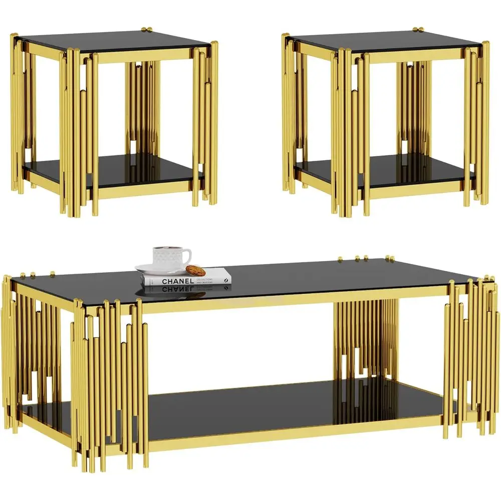 

Modern Black Tempered Glass Coffee Table Set of 3 with Gold Stainless Steel Legs for Living Room and Home Furniture