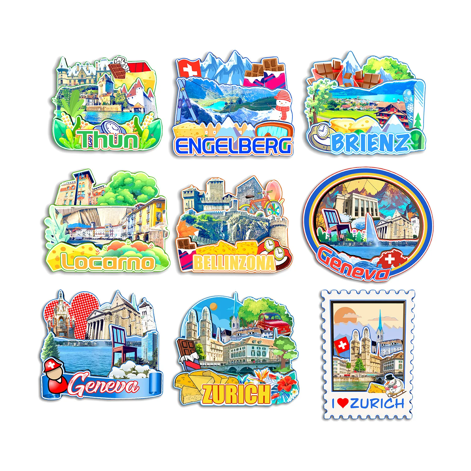 Locarno Brienz Engelberg Thun Bellinzona Zurich Geneva SWITZERLAND Fridge Magnet Travel Souvenir Gift