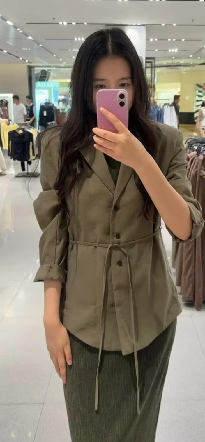 بدلة نسائية جديدة لعام 2025 خريف الجيش الأخضر بأكمام طويلة مع منصات الكتف الدانتيل متابعة السترة السراويل دعوى موضة عادية بسيطة شخصية #6