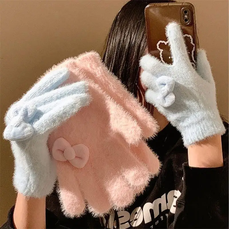 Gants en peluche avec nœud doux pour femmes, chauds d'hiver, à cinq doigts, résistants au froid, accessoires de mode pour étudiants, idées cadeaux de noël